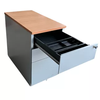 EOL│Caisson hauteur bureau │3 Tiroirs - 664│Profondeur 80 cm│Hêtre saumoné/Gris alu