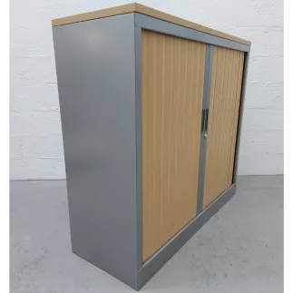 ARIV│ARMOIRE basse à rideau + Top de finition L 120 x H 107.5 cm│Chêne clair/Alu