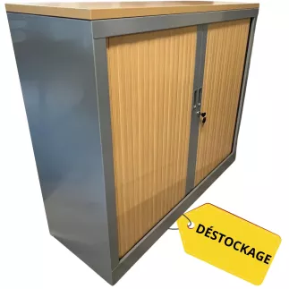 CLASSIF│Armoire rideau L 120 x H 100 cm avec top de finition│Gris aluminium / Hêtre