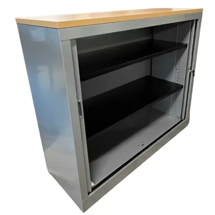 CLASSIF│Armoire rideau L 120 x H 100 cm avec top de finition│Gris aluminium / Hêtre