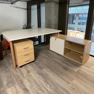 PACK ROBELINA│Bureau de direction Robin avec rangement + Caisson Melina│Chêne clair / Blanc