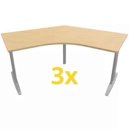 Idol│Lot de 3 Bureaux compacts 120° symétriques L 120x120 cm - retour droite 60 cm- pied fixe│Chêne clair / Gris alu