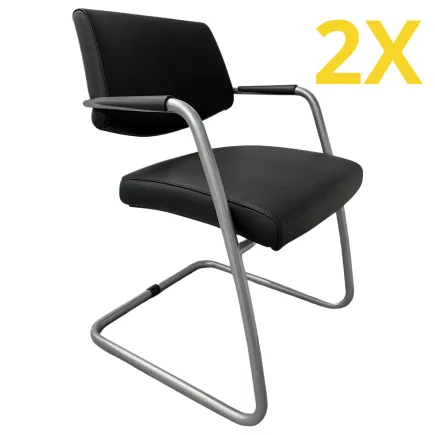 SITLAND│Lot de 2 sièges d'accueil cuir pied luge│Noir/Gris alu