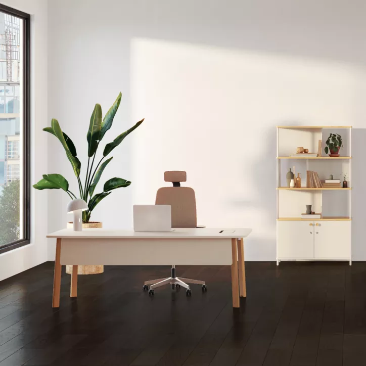 KARL DIRECTION VDF│Bureau de direction - avec voile de fond - plateau droit│Lin / Chêne massif