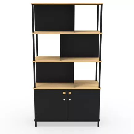 KARL RANGEMENT│Bibliothèque Largeur 100 cm - 2 portes│Noir / Chêne naturel