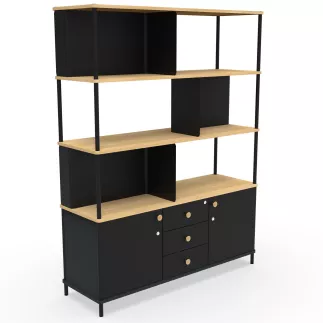 KARL RANGEMENT│Bibliothèque Largeur 141 cm - 2 portes + 3 tiroirs│Noir / Chêne naturel