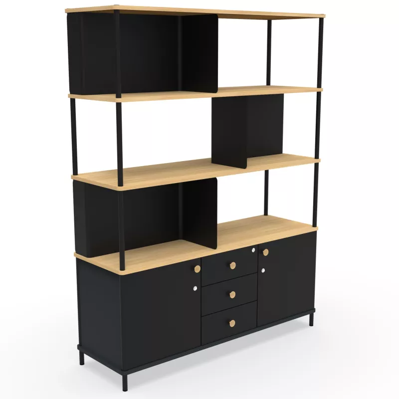 KARL RANGEMENT│Bibliothèque Largeur 141 cm - 2 portes + 3 tiroirs│Noir / Chêne naturel KARL RANGEMENT│Bibliothèque Largeur 141 cm - 2 portes + 3 tiroirs│Noir / Chêne naturel