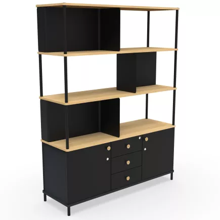 KARL RANGEMENT│Bibliothèque Largeur 141 cm - 2 portes + 3 tiroirs│Noir / Chêne naturel