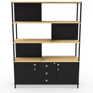 KARL RANGEMENT│Bibliothèque Largeur 141 cm - 2 portes + 3 tiroirs│Noir / Chêne naturel