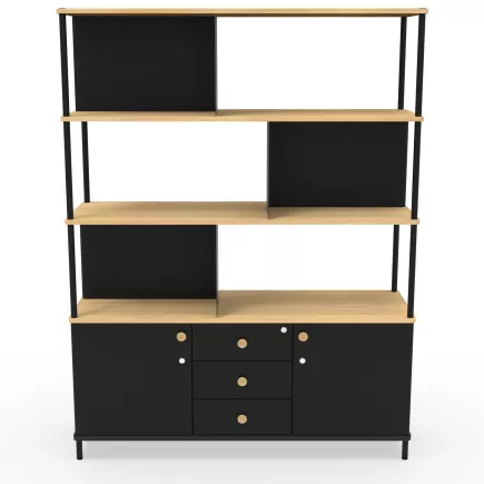 KARL RANGEMENT│Bibliothèque Largeur 141 cm - 2 portes + 3 tiroirs│Noir / Chêne naturel