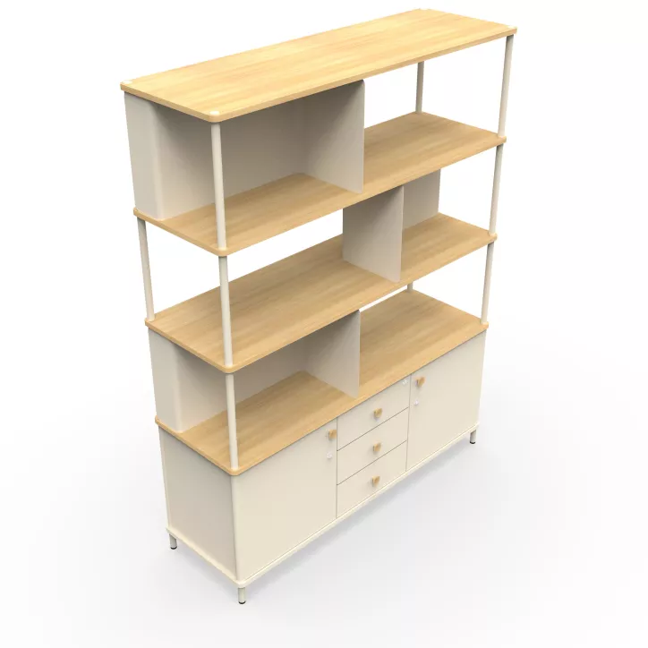 KARL RANGEMENT│Bibliothèque Largeur 141 cm avec 2 portes et 3 tiroirs│Lin / Chêne naturel