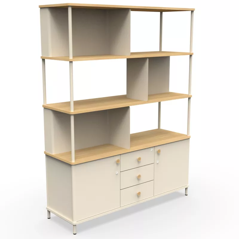 KARL RANGEMENT│Bibliothèque Largeur 141 cm avec 2 portes et 3 tiroirs│Lin / Chêne naturel KARL RANGEMENT│Bibliothèque Largeur 141 cm avec 2 portes et 3 tiroirs│Lin / Chêne naturel