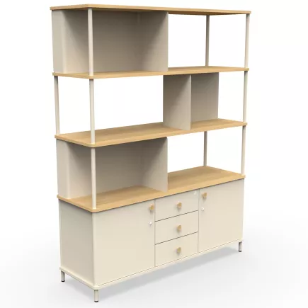 KARL RANGEMENT│Bibliothèque Largeur 141 cm avec 2 portes et 3 tiroirs│Lin / Chêne naturel