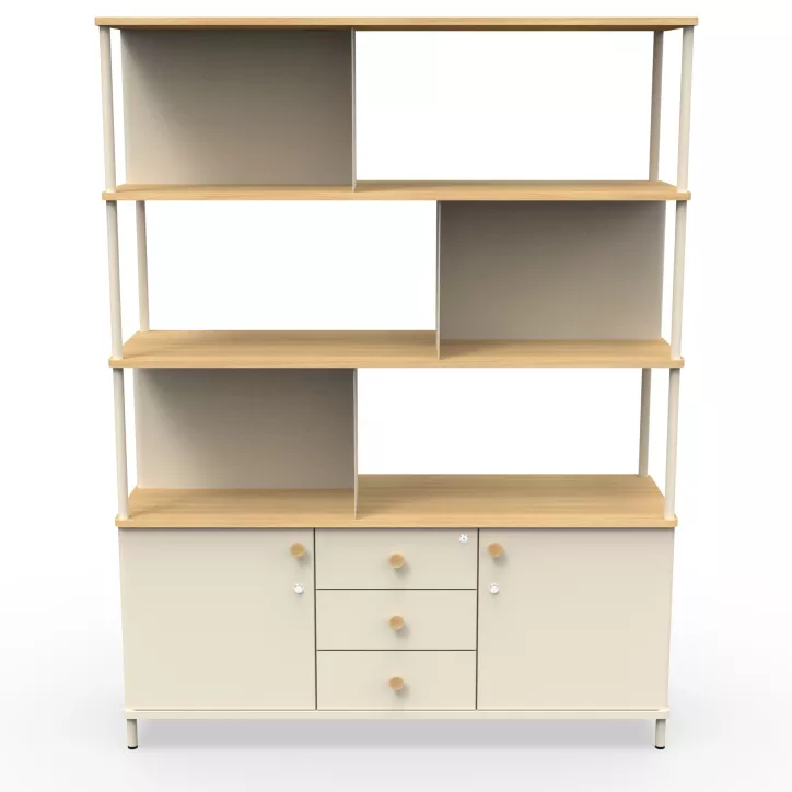 KARL RANGEMENT│Bibliothèque Largeur 141 cm avec 2 portes et 3 tiroirs│Lin / Chêne naturel