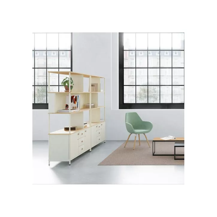 KARL RANGEMENT│Bibliothèque Largeur 141 cm avec 2 portes et 3 tiroirs│Lin / Chêne naturel