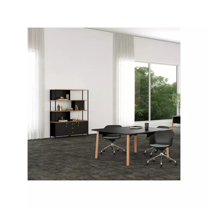 KARL RANGEMENT│Bibliothèque Largeur 141 cm avec 2 portes et 3 tiroirs│Lin / Chêne naturel