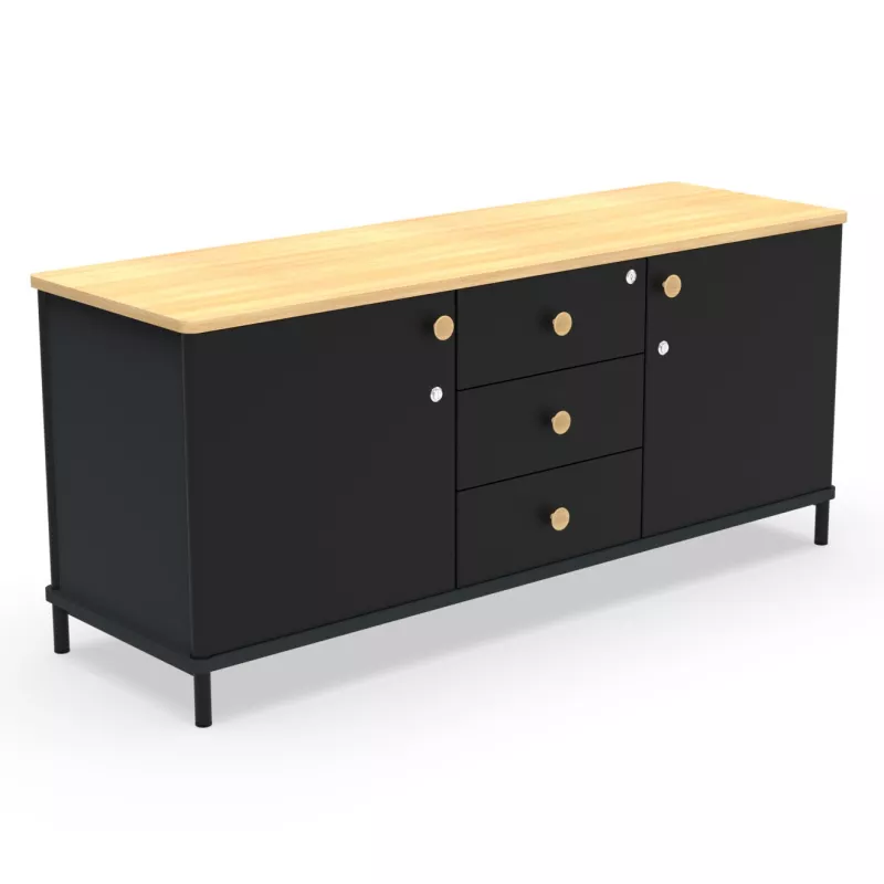 KARL RANGEMENT│Crédence Largeur 141 cm avec 2 portes et 3 tiroirs│Lin ou Bois noir / Chêne naturel KARL RANGEMENT│Crédence Largeur 141 cm avec 2 portes et 3 tiroirs│Lin ou Bois noir / Chêne naturel