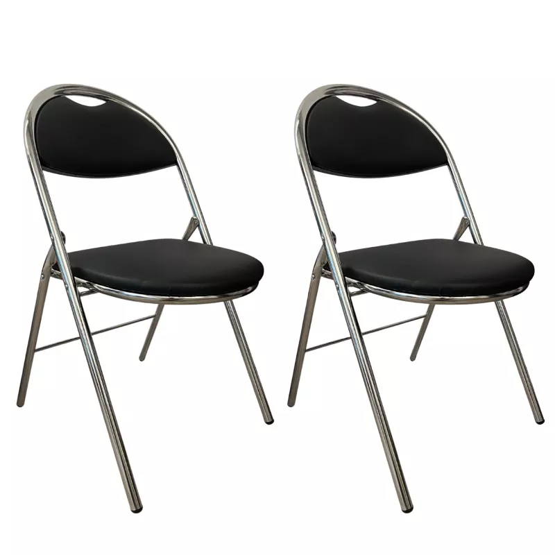 GEO CUIR│Lot de 2 Chaises pliantes similicuir│Noir / Chromé GEO CUIR│Lot de 2 Chaises pliantes similicuir│Noir / Chromé