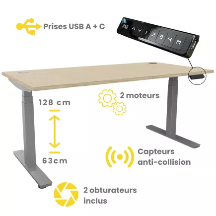 ENVOL EVO│Bureau électrique 2 moteurs - 4 mémoires de position - USB A+C