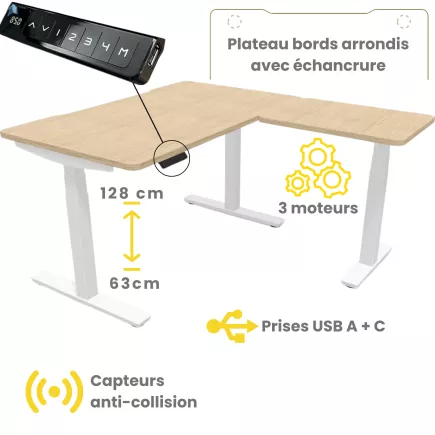 ALTO RH RETOUR│Bureau électrique 3 moteurs - 4 mémoires de position - USB A+C