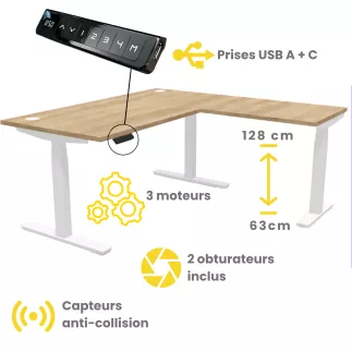 ENVOL EVO RETOUR│Bureau électrique 3 moteurs - 4 mémoires de position - USB A+C
