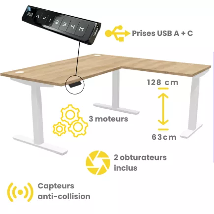 ENVOL EVO RETOUR│Bureau électrique 3 moteurs - 4 mémoires de position - USB A+C