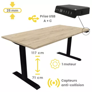 LUTZ 2 - 25MM│Bureau électrique simple motorisation - 3 mémoires de position - USB A+C