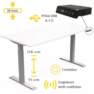 LUTZ 2 - 19MM│Bureau électrique simple motorisation - 3 mémoires de position - USB A+C
