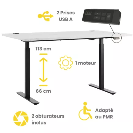 FLEX UP ONE+│Bureau électrique 1 moteur - 2 mémoires de position - 2xUSB A
