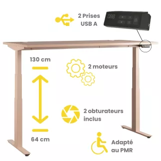 FLEX UP TWO│Bureau électrique Bicolore 2 moteurs - 2 mémoires de position - 2xUSB A