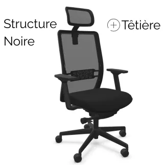 VOLT BLACK│Fauteuil de travail structure noir avec têtière -Dossier résille