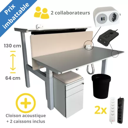 BENE│PACK LEVEL LIFT 2 Bureaux TWIN structure partagées électriques + 2 caissons + 1 cloison acoustique│160x169 cm