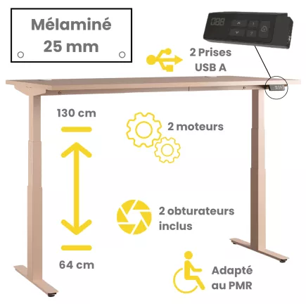 FLEX UP TWO│Bureau électrique 2 moteurs - 2 mémoires de position - 2xUSB A│Plateau mélaminé 25mm