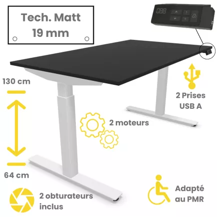 FLEX UP TWO TECH│Bureau électrique 2 moteurs - 2 mémoires de position - 2xUSB A│Plateau Technical Matt 19mm