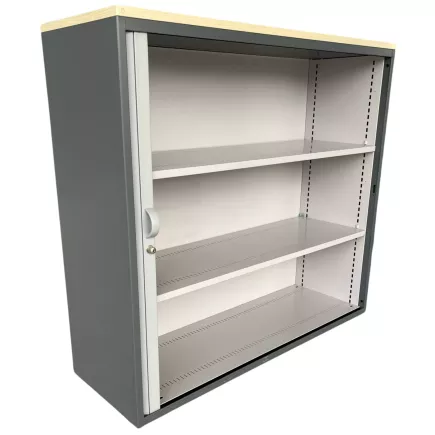 LO LISTA│Armoire rideau L 120 x H 110 cm│Gris anthracite/Gris alu/Gris/Erable blanc