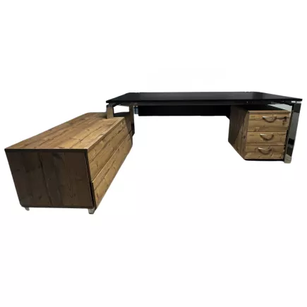 PRESTIGE│Pack bureau direction avec meuble retour fermé + voile de fond + caisson sous bureau│Noir/Timber/Chromé