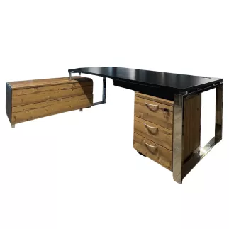 PRESTIGE│Pack bureau direction avec meuble retour fermé + voile de fond + caisson sous bureau│Noir/Timber/Chromé