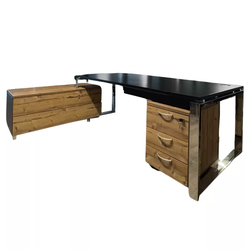 PRESTIGE│Pack bureau direction avec meuble retour fermé + voile de fond + caisson sous bureau│Noir/Timber/Chromé