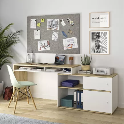 MODULA│Bureau Modulable étagères + porte│Blanc│130/203x45xh62/76 cm
