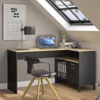 MANCHESTER│Bureau angle étagères + porte coulissante│Noir│136x48/88xh73 cm