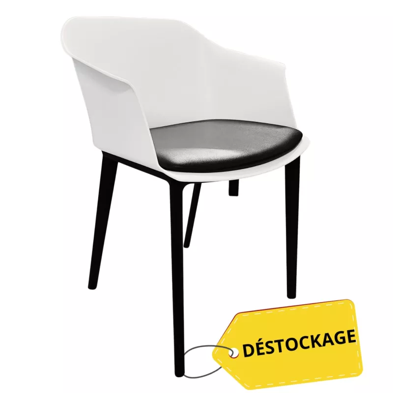 SCOTT│Fauteuil sur 4 pieds polypropylène noir - avec placet similicuir│Blanc/Noir