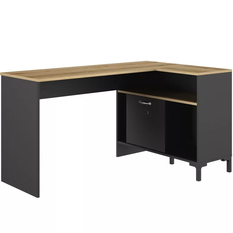 MANCHESTER│Bureau angle étagères + porte coulissante│Noir│136x48/88xh73 cm
