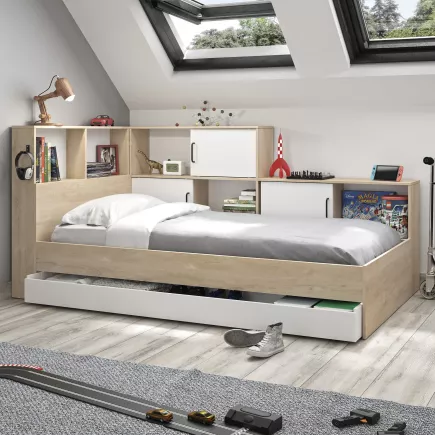 ERWAN│Lit enfant rangements│90x200 cm│Châtaignier naturel
