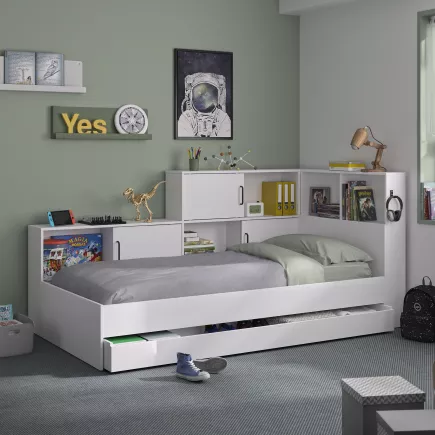 ERWAN│Lit enfant rangements│90x200 cm│Blanc