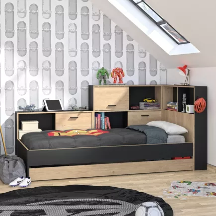 ERWAN│Lit enfant rangements│90x200 cm│Châtaignier naturel