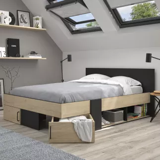 SWIVEL│Lit adultes rangements│140x190 cm│Châtaignier naturel-Noir