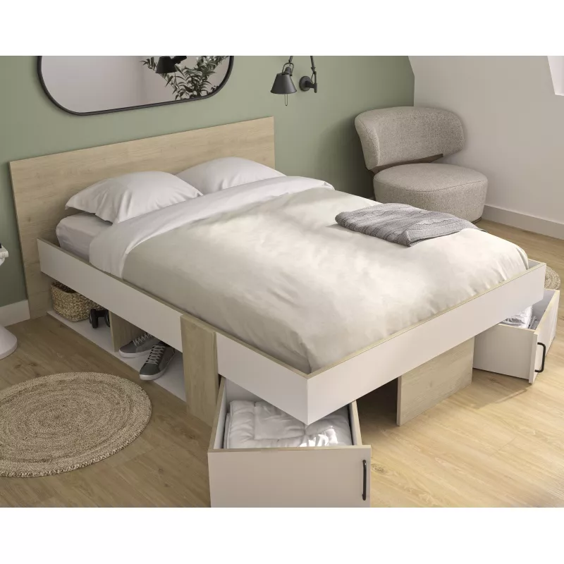 SWIVEL│Lit adultes rangements│140x200 cm│Châtaignier naturel-Blanc