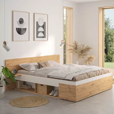 ANIS│Lit adultes rangements│160x200 cm│Chêne artisan-Blanc