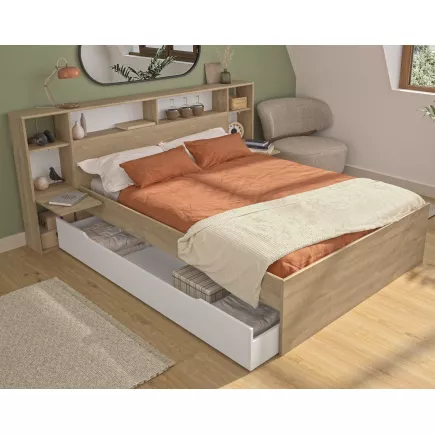 SOLEA│Lit adultes rangements│140x190 cm│Chêne blond-Blanc