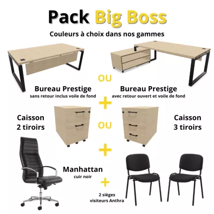 BUROFLEX │Pack Big Boss│Bureau direction + Caisson + Fauteuil + 2 Chaises